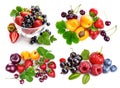 Collage set Fresh berries and fruits in still life with green on Royalty Free Stock Photo