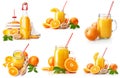 Collage set Fresh orange juice with fruit and green leaves in on Royalty Free Stock Photo