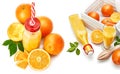 Collage set Fresh orange juice with fruit and green leaves Royalty Free Stock Photo