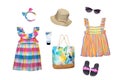 Collage set of girl beach summer clothes isolated. Female kids apparel collection. Child baby fashion clothing outfit. Colorful Royalty Free Stock Photo