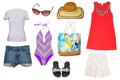 Collage set of girl beach summer clothes isolated on white. Female woman apparel collection. Women fashion clothing outfit. Royalty Free Stock Photo