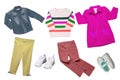 Collage set of girl spring summer clothes isolated. Female kids apparel collection. Child baby fashion clothing outfit. Colorful Royalty Free Stock Photo