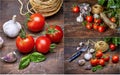 Collage set Harvest tomatoes spicy herbs and spice at old Royalty Free Stock Photo