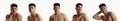 Collage. Set of images of young asian guy with clear, spotless face posing shirtless against white studio background Royalty Free Stock Photo