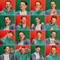 Collage. Set of images of young man in casual clothes posing with diverse emotions against green and red studio Royalty Free Stock Photo