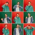 Collage. Set of images of young man in casual clothes posing with diverse emotions against green and red studio Royalty Free Stock Photo