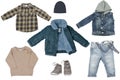 Collage set of little boy autumn clothing isolated on a white background. Denim trousers jeans, a pair sneaker, a leather jacket,