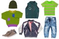 Collage set of little boy autumn clothing isolated on a white background. Denim trousers jeans, a pair sneaker, a rain jacket, a