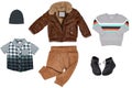 Collage set of little boys autumn clothes isolated. Denim trousers or pants, boots, sneaker, leather jacket, shirts and a cap for