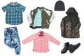 Collage set of little boys autumn clothes isolated on a white background. Denim trousers and jacket, boots, a down jacket, pants Royalty Free Stock Photo