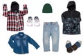 Collage set of little boys autumn clothes isolated on a white background. Denim trousers and jacket, sneaker, a down jacket, pants Royalty Free Stock Photo