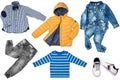 Collage set of little boys autumn clothes isolated on a white background. Denim trousers and jacket, sneaker, a down jacket, pants Royalty Free Stock Photo