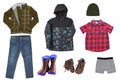 Collage set of little boys autumn clothes isolated on a white background. Denim trousers and jacket, sneaker, a down jacket, pants Royalty Free Stock Photo