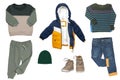 Collage set of little boys autumn clothes isolated on a white background. Denim trousers, jogging clothes, sneaker, a down jacket Royalty Free Stock Photo