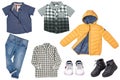 Collage set of little boys spring clothes isolated on a white background. Denim trousers or pants, a pair of shoes, sneaker, cap, Royalty Free Stock Photo