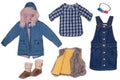 Collage set of little girl autumn clothes isolated on a white background. The collection of a jeans ja cket, a fur vest, a jeans Royalty Free Stock Photo