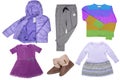 Collage set of little girl autumn clothing isolated on a white background. The collection of a down jacket, a sweater, sweat pants Royalty Free Stock Photo