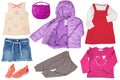 Collage set of little girl autumn clothing isolated on white. The collection of a down jacket, a sweater, jeans skirts, sneaker,