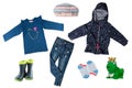 Collage set of little girl clothes isolated on a white background. The collection of a rain jacket, jeans , sweater, rubber boots