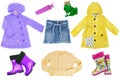 Collage set of little girl clothes isolated on a white background. The collection of rain jackets, sweater, a jeans skirt, rubber