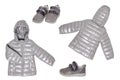 Collage set of little girl clothes isolated on a white background. A stylish cozy warm silver gray down jacket for the kids and a