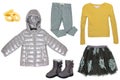 Collage set of little girl clothes isolated on a white background. A stylish cozy warm silver gray down jacket, a sweater, a skirt