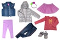 Collage set of little girl spring clothing isolated on a white background. The collection of a down jacket, a sweater and skirt, Royalty Free Stock Photo