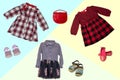 Collage set of little girl summer clothes on a colorful bright background. The collection of three dresses, three pair shoes and a