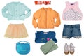 Collage set of little girl summer clothes isolated on a white background. The collection of blue denim shorts, a rain jacket, a Royalty Free Stock Photo