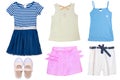 Collage set of little girl summer clothes isolated on a white background. The collection of a blue dress, two shirts, shoes, a Royalty Free Stock Photo