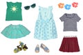 Collage set of little girl summer clothes isolated on a white background. The collection of a blue dress, two skirts, shoes and Royalty Free Stock Photo