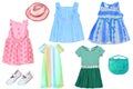 Collage set of little girl summer clothes isolated on a white background. The collection of five various colorful short summer Royalty Free Stock Photo