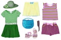 Collage set of little girl summer clothes isolated on a white background. The collection of a green striped dress with hat, a Royalty Free Stock Photo