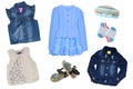 Collage set of little girl summer clothes isolated on a white background. The collection of jeans jacket, a sleeveless jeans vest Royalty Free Stock Photo