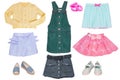 Collage set of little girl summer clothes isolated on a white background. The collection of a jeans skirt, shoes, short summer Royalty Free Stock Photo