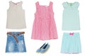 Collage set of little girl summer clothes isolated on a white background. The collection of jeans skirt and shoes, short summer Royalty Free Stock Photo