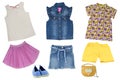 Collage set of little girl summer clothes isolated on a white background. The collection of jeans skirt, a sleeveless jeans vest, Royalty Free Stock Photo