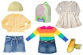 Collage set of little girl summer clothes isolated on a white background. The collection of jeans skirts, sweater, a blouse, Royalty Free Stock Photo