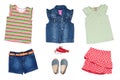 Collage set of little girl summer clothes isolated on a white background. The collection of a sleeveless jeans vest and jeans Royalty Free Stock Photo