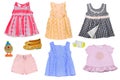 Collage set of little girl summer clothes isolated on a white background. The collection of various short summer dresses, shirts, Royalty Free Stock Photo