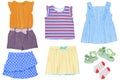 Collage set of little girl summer clothes isolated on a white background. The collection of  various short summer skirts, a dress Royalty Free Stock Photo