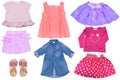 Collage set of little girl summer clothes isolated on a white background. The collection of various short summer skirts, a jeans Royalty Free Stock Photo