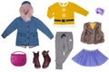 Collage set of little girl winter clothes isolated on a white background. The collection of a jeans jacket, a sweat pants, shoes, Royalty Free Stock Photo