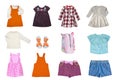 Collage set of little girls summer clothes isolated on a white background. The collection of many stylish dresses, denim shorts, Royalty Free Stock Photo