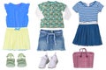 Collage set of little girls summer clothes isolated on a white background. The collection of stylish dresses, a jeans or denim Royalty Free Stock Photo