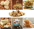 Collage set nuts, almond oil, cookies Royalty Free Stock Photo