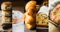 Collage Set Pastry Of Various Kinds. Croissants, Danish Swirl, Ensaimada, Stollen, Scones, Apple Pie Calzone.