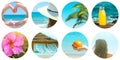 Collage set of round circle icons isolated on white background. Seaside ocean vacation on beach. Young caucasian woman palm trees