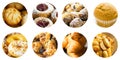 Collage set of round circle icons isolated on white background of various kinds of pastry cookies muffins croissants mini cakes Royalty Free Stock Photo