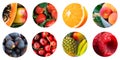 Collage of set of round circle icons of various seasonal tropical and exotic fruits and berries on white background. Vitamins